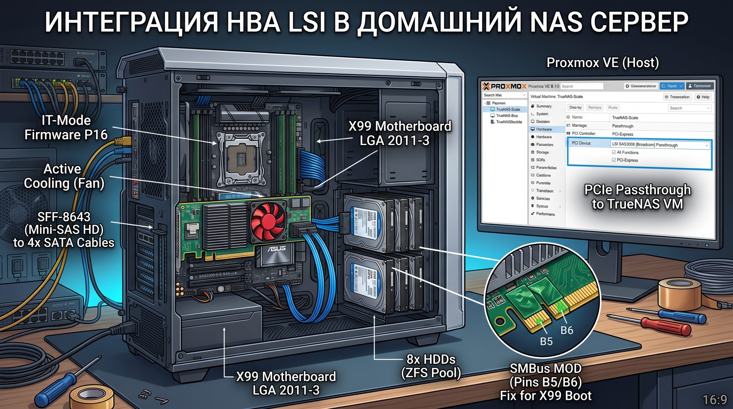 Серверные контроллеры LSI 9211/9300-8i в домашнем сервере Proxmox